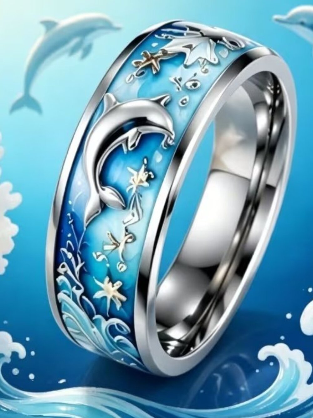 Silver Stainless Steel DOLPHIN Sea Beach Band Ring Size 8